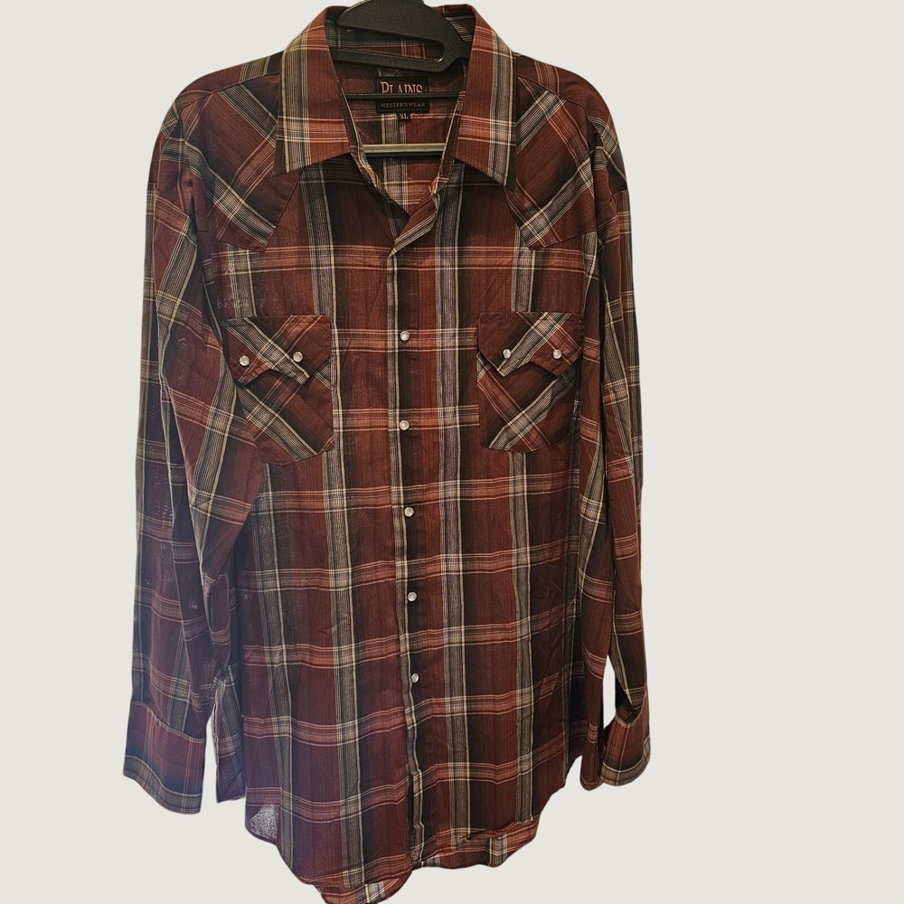 Plains Western Wear XL pearl snap Mens Plaid Shirt Rust Red